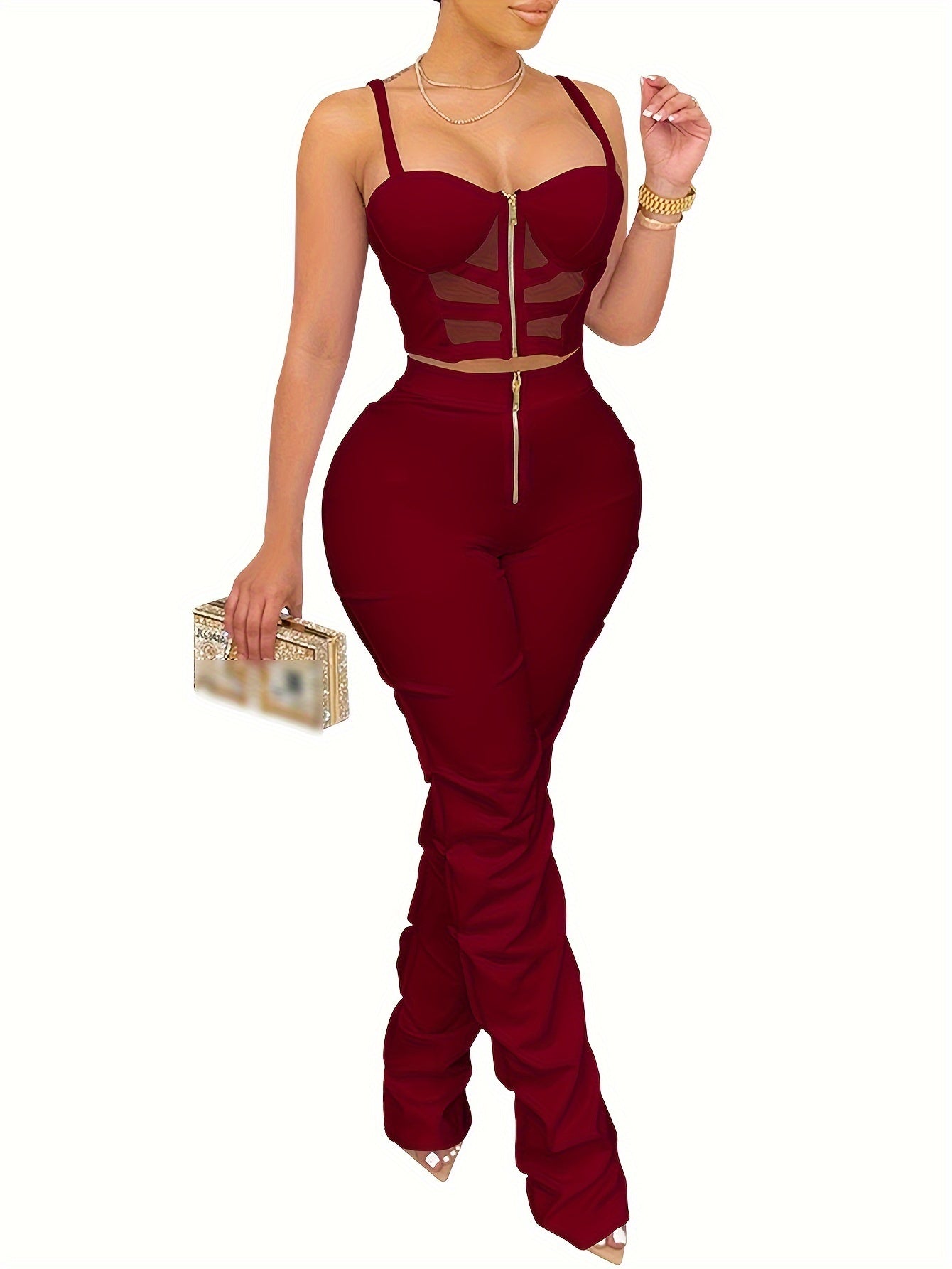 PORRCEY Sexy Solid Color Party Pantsuits, Zipper Front Slim Crop Cami Top & High Waist Ruched Pants Outfits, Women'S Clothing